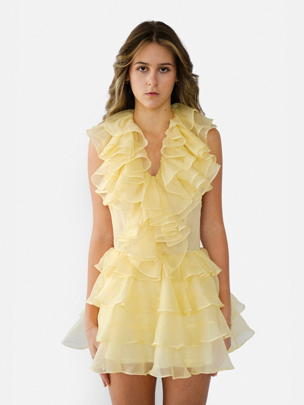 Model wearing NHÏJE Glorïa Butter Ruffles Mini Dress – silk organza mini with airy ruffles and crystal embroidery