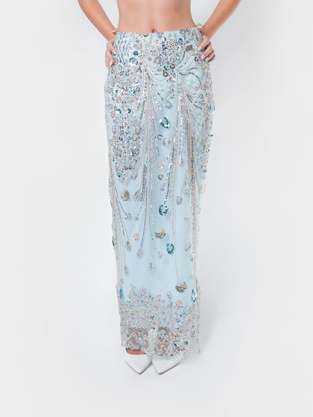 NHÏJE Aqua Bloom Sequin Midi Skirt in aqua silk‑blend tulle with hand‑embroidered floral motifs