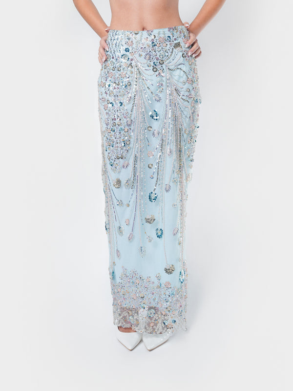 NHÏJE Aqua Bloom Sequin Midi Skirt in aqua silk‑blend tulle with hand‑embroidered floral motifs