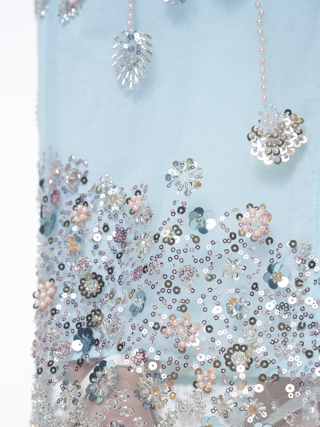 Hand‑embroidered aqua, pearl, blue and soft silver sequin floral detail on Aqua Bloom Midi Skirt