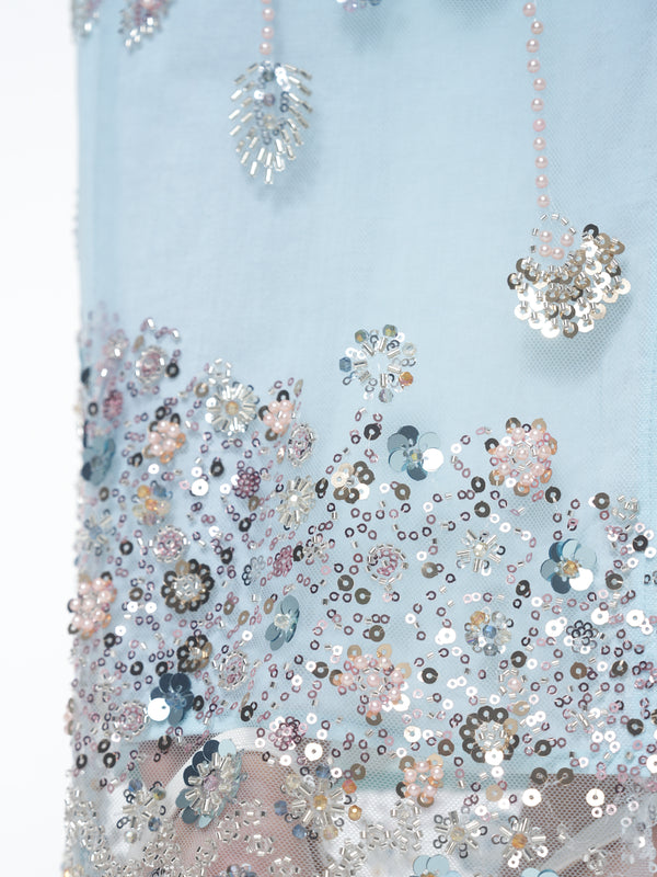 Hand‑embroidered aqua, pearl, blue and soft silver sequin floral detail on Aqua Bloom Midi Skirt