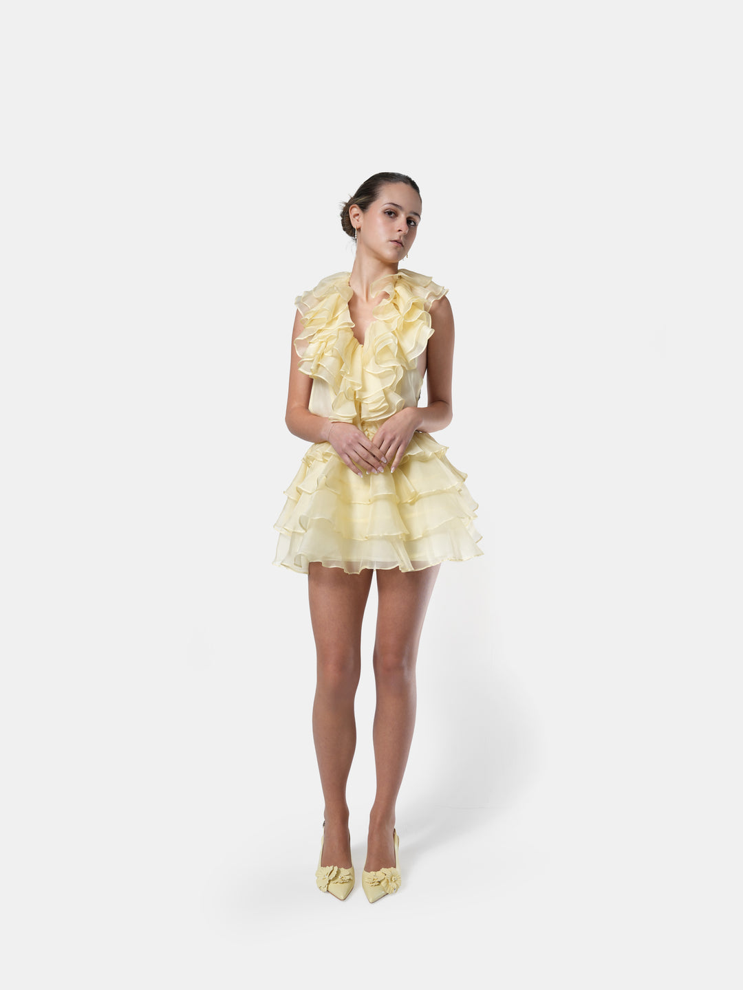 NHÏJE Glorïa Butter Ruffles Mini Dress in butter yellow silk organza with hand‑embroidered crystal detailing