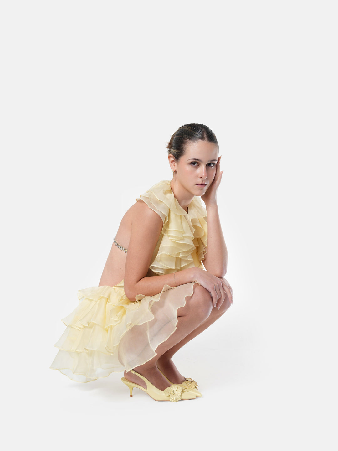 Butter ruffle detail on NHÏJE Glorïa Mini Dress – silk organza texture and layered movement
